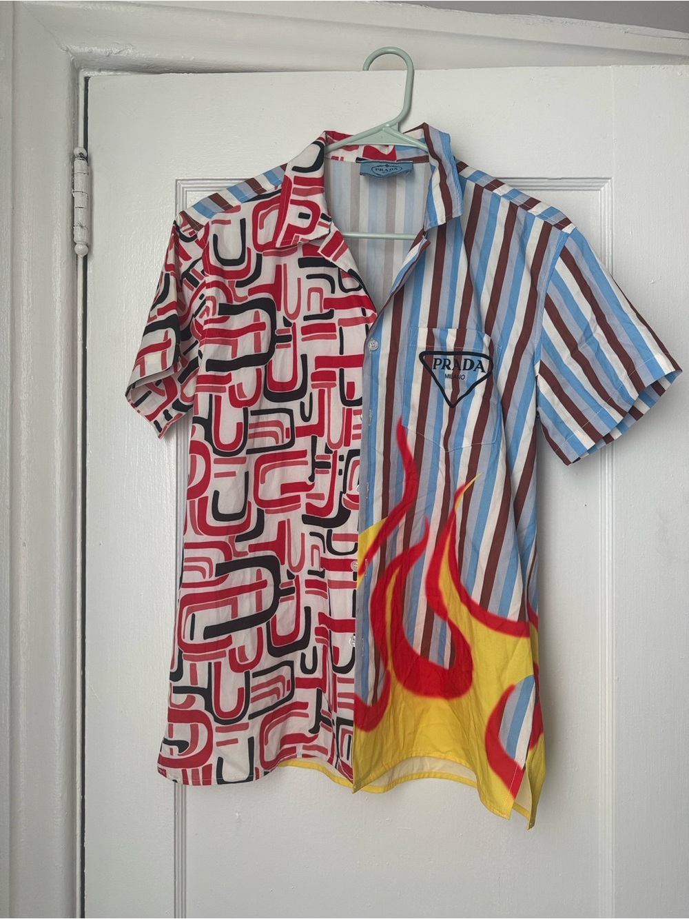 Prada Multicolor Red Blue Yellow Graphic Short-Sleeve Button-Down Shirt